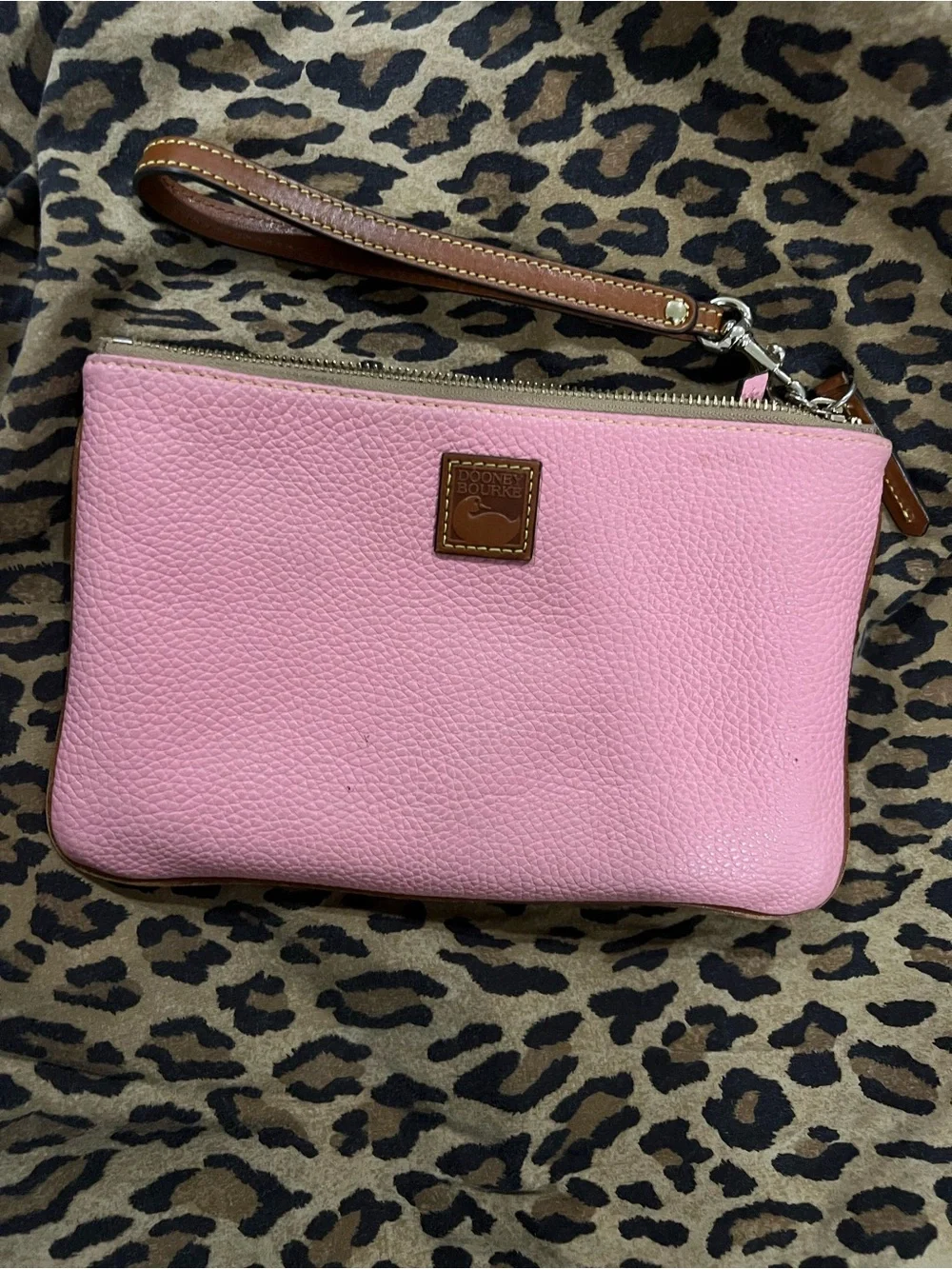 Dooney & Bourke Pink Pebbled Leather Wristlet with Brown Strap
